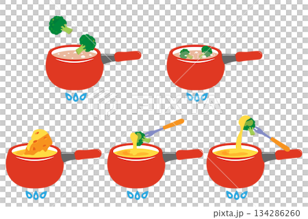 ブロッコリーを茹でて、チーズを溶かしてフォンデュを楽しむイラスト 134286260