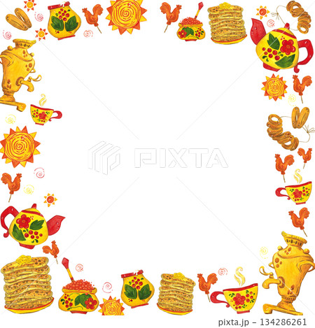 Square, festive frame, banner for text. Hand drawn watercolor illustration. Maslenitsa holiday, Shrovetide, carnival, Maslenitsa, Mardi Gras, Shrove Tuesday, pancake week, Pancake Day 134286261