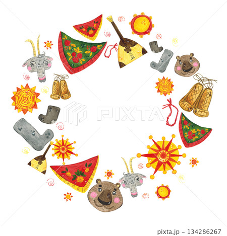 Round festive frame for Maslenitsa, banner for text. Hand drawn watercolor illustration. Maslenitsa holiday, Shrovetide, carnival, Maslenitsa, Mardi Gras, Shrove Tuesday, pancake week, Pancake Day 134286267