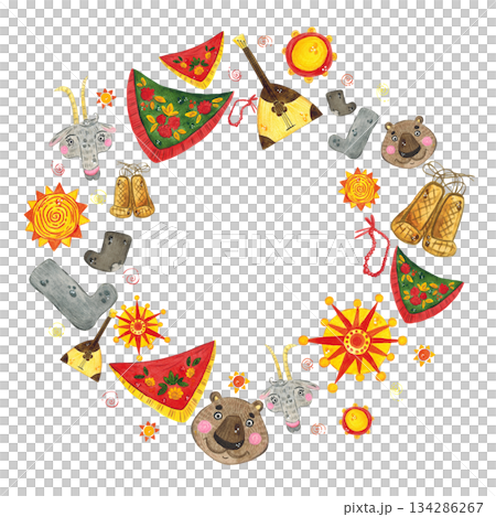 Round festive frame for Maslenitsa, banner for text. Hand drawn watercolor illustration. Maslenitsa holiday, Shrovetide, carnival, Maslenitsa, Mardi Gras, Shrove Tuesday, pancake week, Pancake Day 134286267