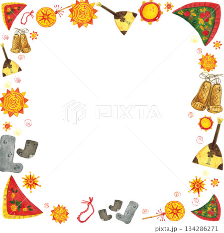 Square frame, banner for text. Hand drawn watercolor illustration. scarves, musical instruments, felt boots, bast shoes, Maslenitsa holiday, Shrovetide, carnival, Shrove Tuesday, pancake week 134286271