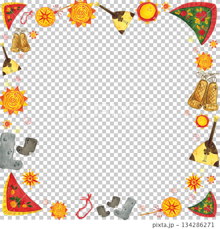 Square frame, banner for text. Hand drawn watercolor illustration. scarves, musical instruments, felt boots, bast shoes, Maslenitsa holiday, Shrovetide, carnival, Shrove Tuesday, pancake week 134286271