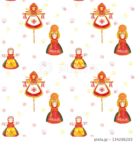 Bright seamless pattern for the Maslenitsa holiday. Doll, stuffed, ritual, sun. Watercolor illustration hand drawn in cartoon style. Bright, festive, traditional, Carnival, Maslenitsa 134286283