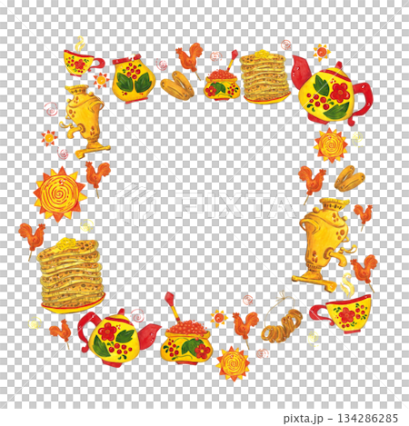 Square frame, banner for text. Hand drawn watercolor illustration. Maslenitsa holiday, Shrovetide, carnival, Maslenitsa, Mardi Gras, Shrove Tuesday, pancake week, pancakes, caviar, food, sun, sweets 134286285