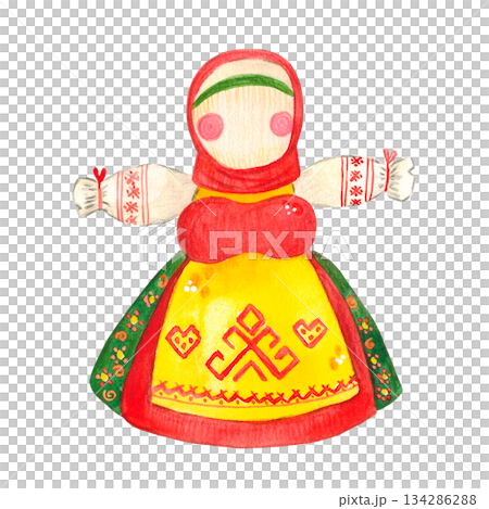 Isolate ritual doll. Hand drawn watercolor illustration.Maslenitsa holiday, Shrovetide, carnival, Maslenitsa, Mardi Gras, Shrove Tuesday, pancake week, Pancake Day 134286288