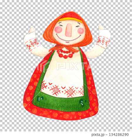 Isolated woman in a sundress. Hand drawn watercolor illustration. Maslenitsa holiday, Shrovetide, carnival, Maslenitsa, Mardi Gras, Shrove Tuesday, pancake week, Pancake Day 134286290