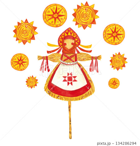 Traditional doll on a pole surrounded by suns for the Maslenitsa holiday on a white background. Watercolor illustration, hand drawn in childish style. Drawing for postcards, paper. Holiday, Maslenitsa Traditional doll on a pole surrounded by suns for the Maslenitsa holiday on a white background. Watercolor illustration, hand drawn in childish style. Drawing for postcards, paper. Holiday, Maslenitsa 134286294