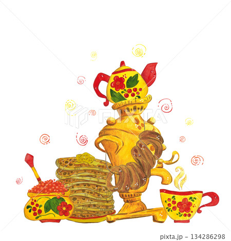Watercolor composition for the holiday of Maslenitsa. Samovar, pastries, pancakes, caviar, teapot, doll. Watercolor illustration hand drawn in cartoon style. food, pancakes, tea, samovar,  134286298