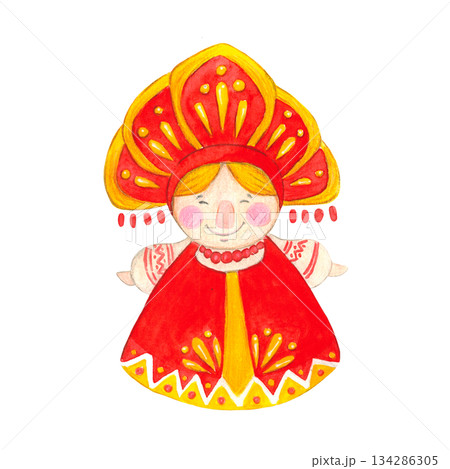 Isolated woman in a sundress and kokoshnik. Hand drawn watercolor illustration. Maslenitsa holiday, Shrovetide, carnival, Maslenitsa, Mardi Gras, Shrove Tuesday, pancake week, Pancake Day 134286305