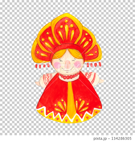 Isolated woman in a sundress and kokoshnik. Hand drawn watercolor illustration. Maslenitsa holiday, Shrovetide, carnival, Maslenitsa, Mardi Gras, Shrove Tuesday, pancake week, Pancake Day 134286305