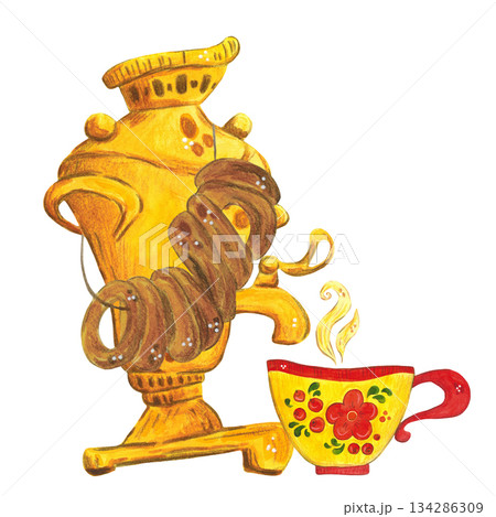 Composition of a samovar, a tea cup and pastries for the Maslenitsa holiday. Watercolor illustration, hand drawn in childish style. Drawing for postcards, paperм 134286309