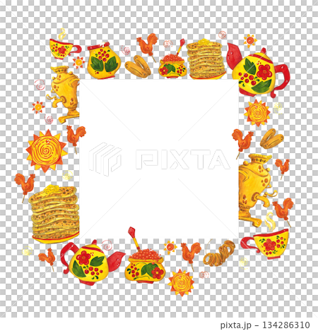 Square frame, banner for text. Hand drawn watercolor illustration. Maslenitsa holiday, Shrovetide, carnival, Maslenitsa, Mardi Gras, Shrove Tuesday, pancake week, Pancake Day 134286310