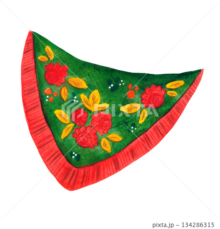 Green and red floral folk-style scarf. Hand-painted watercolor illustration. Maslenitsa, carnival, Maslenitsa, Mardi Gras, Pancake Week, Pancake Tuesday, Pancake Week, Pancake Day Green and red floral folk-style scarf. Hand-painted watercolor illustration. Maslenitsa, carnival, Maslenitsa, Mardi Gras, Pancake Week, Pancake Tuesday, Pancake Week, Pancake Day 134286315