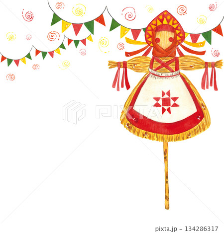 Hand drawn watercolor illustration. Traditional, ritual doll made of straw. Maslenitsa, carnival, festival, spring holiday, tradition, festivities, flags, garland, holiday, isolate, postcard, poster Hand drawn watercolor illustration. Traditional, ritual doll made of straw. Maslenitsa, carnival, festival, spring holiday, tradition, festivities, flags, garland, holiday, isolate, postcard, poster 134286317