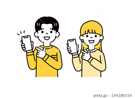 スマートフォンの画面を指差す、10代・20代の若い男女の上半身ベクターイラスト素材セット 134286319