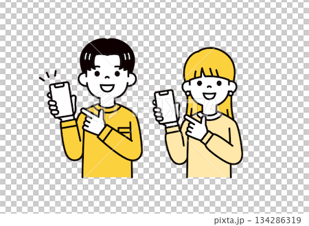 スマートフォンの画面を指差す、10代・20代の若い男女の上半身ベクターイラスト素材セット 134286319