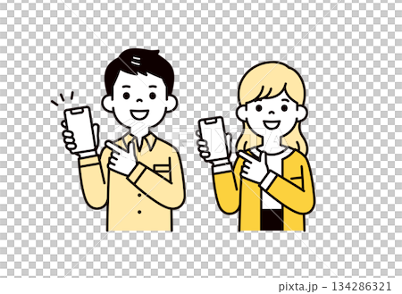 一組20多歲和30多歲的男女上半身向量插圖素材，他們正指向智慧型手機螢幕。 134286321