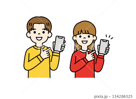 スマートフォンの画面を指差す、若い男女の学生の上半身ベクターイラスト素材セット＿カラー 134286325