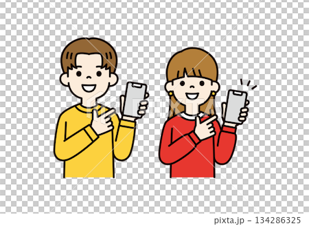 スマートフォンの画面を指差す、若い男女の学生の上半身ベクターイラスト素材セット＿カラー 134286325