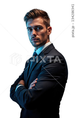 A resilient male business leader in a dark suit, standing confidently in front of glowing financial metrics and market projections A resilient male business leader in a dark suit, standing confidently in front of glowing financial metrics and market projections 134286341