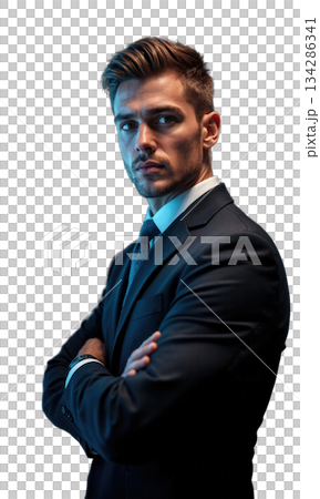 A resilient male business leader in a dark suit, standing confidently in front of glowing financial metrics and market projections A resilient male business leader in a dark suit, standing confidently in front of glowing financial metrics and market projections 134286341