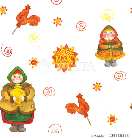 Watercolor pattern for the Maslenitsa holiday consisting of the sun, a woman, a child. Watercolor illustration hand drawn in cartoon style. Holiday, Maslenitsa, party, masquerade, carnival, report  134286358