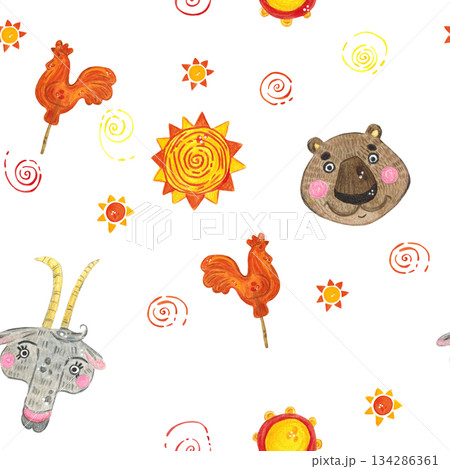Seamless pattern for the holiday of Maslenitsa, folk festivals. Watercolor illustration hand drawn in children's style. Drawing for textiles, paper, cards, report 134286361
