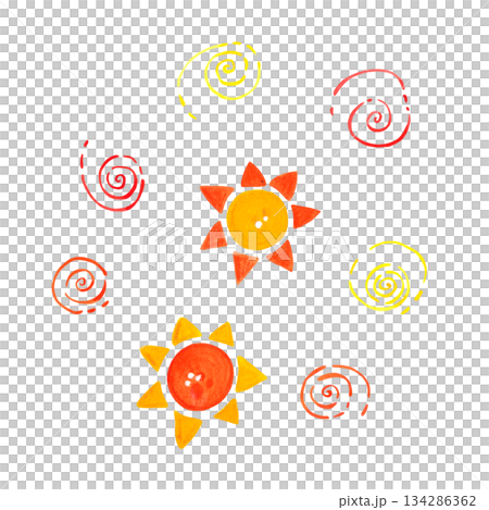 A set of elements for decorating a holiday card, including swirls and a sun. Hand-drawn watercolor illustration. Design for scrapbooking and stickers. Holiday decor A set of elements for decorating a holiday card, including swirls and a sun. Hand-drawn watercolor illustration. Design for scrapbooking and stickers. Holiday decor 134286362