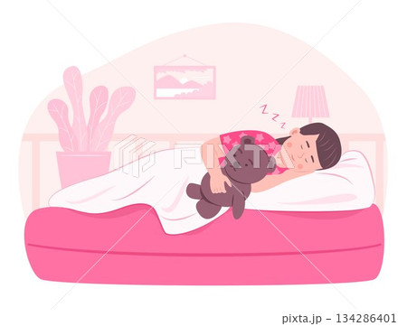 Cute Kid Girl Hugging Teddy Bear and Sleeping in Bed in Bedroom for Healthcare Concept Illustration 134286401
