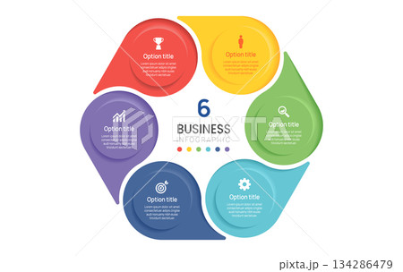 6 Option Circular Business Infographic with Icons and label design. flow chart presentations. 134286479