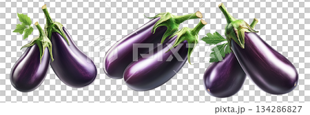 Fresh eggplants with leaves, isolated on white transparent background, concept of healthy eating. Fresh eggplants with leaves, isolated on white transparent background, concept of healthy eating. 134286827