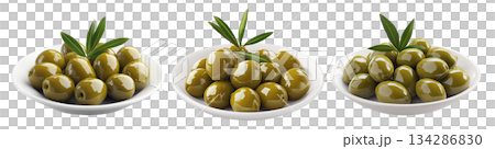 Green olives on a white plate with leaves, isolated on white transparent background, concept of healthy eating. Green olives on a white plate with leaves, isolated on white transparent background, concept of healthy eating. 134286830