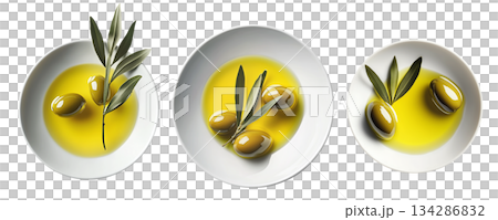 Green olives on a white plate with leaves, isolated on white transparent background, concept of healthy eating. Green olives on a white plate with leaves, isolated on white transparent background, concept of healthy eating. 134286832