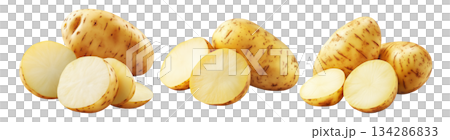 Potato with skin imperfections, isolated on white transparent background, concept of natural produce. Potato with skin imperfections, isolated on white transparent background, concept of natural produce. 134286833