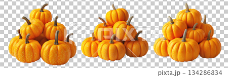 A pyramid arrangement of bright yellow pumpkins with brown stems isolated on white transparent background. Symbolizing autumn, harvest, and seasonal decoration A pyramid arrangement of bright yellow pumpkins with brown stems isolated on white transparent background. Symbolizing autumn, harvest, and seasonal decoration 134286834