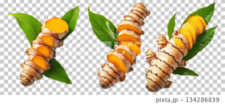 Turmeric root with sliced pieces and green leaves isolated on white transparent background. Concept of freshness and health benefits 134286839