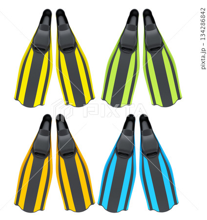 Set of diving flippers for summer holidays and snorkeling on white background. Set of diving flippers for summer holidays and snorkeling on white background. 134286842