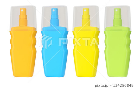 Set of sunscreens bottle or sunblock cream tube on white background. Set of sunscreens bottle or sunblock cream tube on white background. 134286849