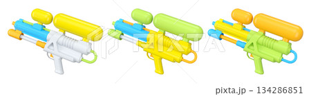 Set of plastic water gun toy for playing in swimming pool on white background Set of plastic water gun toy for playing in swimming pool on white background 134286851