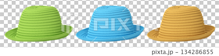 Set of woven straw hats shown from different angles isolated on white background, showcasing summer fashion accessories Set of woven straw hats shown from different angles isolated on white background, showcasing summer fashion accessories 134286855