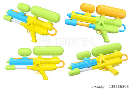 Set of plastic water gun toy for playing in swimming pool on white background Set of plastic water gun toy for playing in swimming pool on white background 134286868