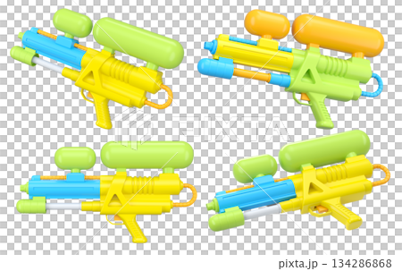 Set of plastic water gun toy for playing in swimming pool on white background Set of plastic water gun toy for playing in swimming pool on white background 134286868