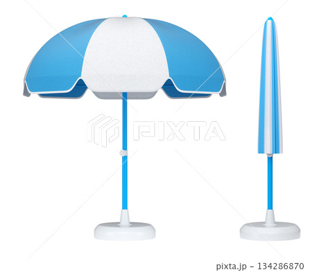 Set of striped beach umbrellas for summer getaways isolated on white background. 134286870