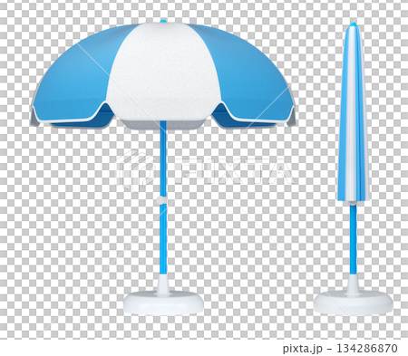 Set of striped beach umbrellas for summer getaways isolated on white background. 134286870