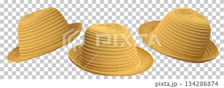 Set of woven straw hats shown from different angles isolated on white background, showcasing summer fashion accessories 134286874