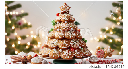 Gingerbread-themed Christmas tree with cookie ornaments, frosting accents, candy garlands, and warm cozy lighting Gingerbread-themed Christmas tree with cookie ornaments, frosting accents, candy garlands, and warm cozy lighting 134286912