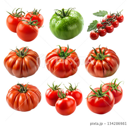 Beefsteak red tomato with a green stem isolated on a white background 134286981