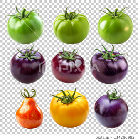 Purple, green and yellow tomato with a green stem isolated on a white background 134286982