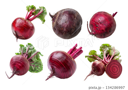 Set of Fresh red beetroot with its green leaves isolated against a white background 134286997