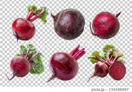 Set of Fresh red beetroot with its green leaves isolated against a white background Set of Fresh red beetroot with its green leaves isolated against a white background 134286997